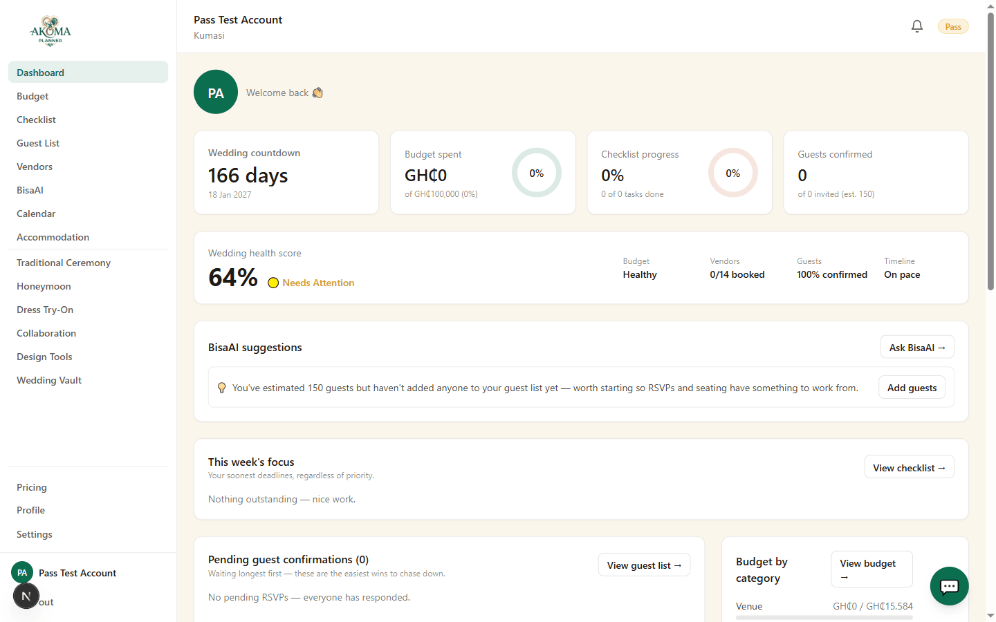 The AkomaPlanner dashboard, showing a wedding countdown, budget-spent tracker, checklist progress and Wedding Health Score